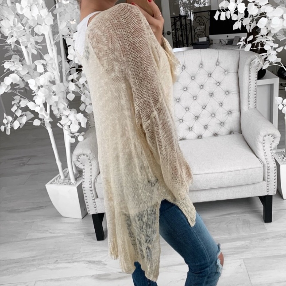 ekattire Sheer Open-Front Knit Cardigan in Beige